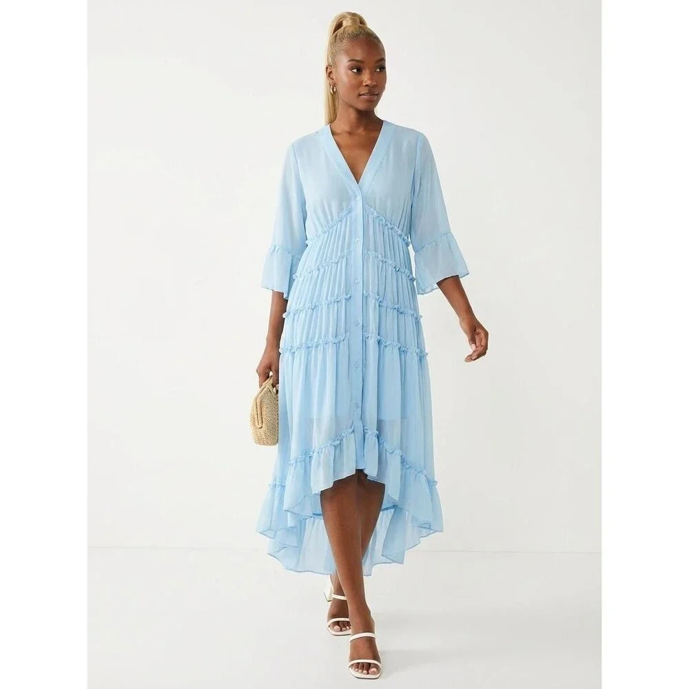 Womens Boho Large Baby Blue Sheer Chiffon Ruffled Tiered High Low Dress - Picture 2 of 15